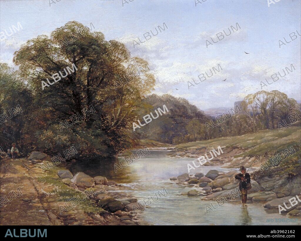 'A Sylvan Stream', 19th century. Scene with a figure fishing in the foreground.