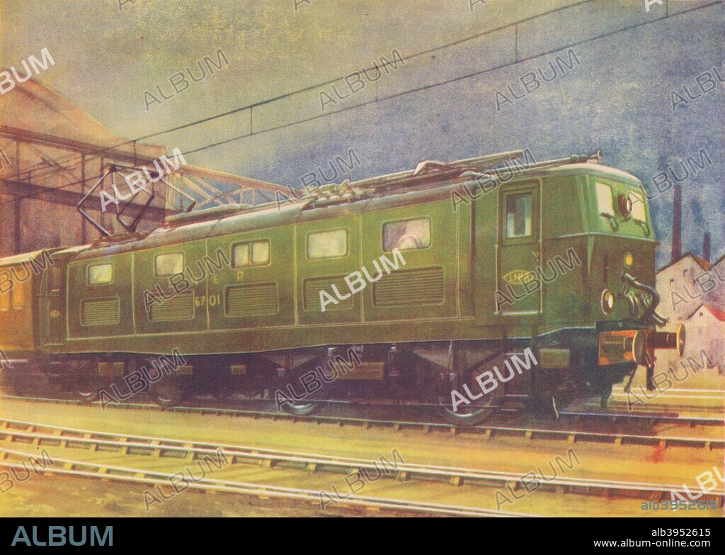 'New Electric Locomotive, L.N.E.R., leaving Manchester London Road Station', 1940. From Trains of Today. [Juvenile Productions Ltd., London, 1940].