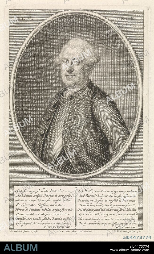 Portrait of Pascal Paoli, Portrait half to the left of Pascal Paoli at the age of 45 in an oval. Two columns below the portrait, on the left an eight-line verse in French, on the left an eight-line verse in Dutch., Pascal Paoli, Jacob Houbraken (mentioned on object), Amsterdam, 1770, paper, engraving, h 166 mm × w 104 mm.