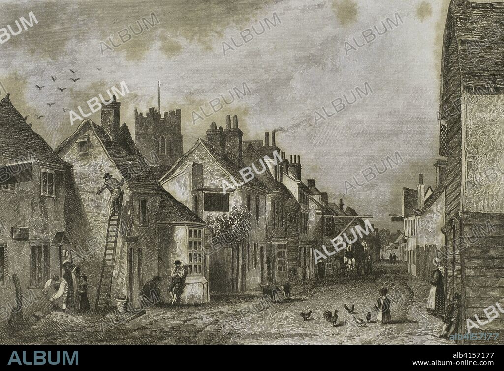Reino Unido. Inglaterra. Ingatestone. Población en el condado de Essex. Vista del centro de la población a principios del siglo XIX. Grabado por Josiah Henshall (1801? -1869) a partir de un boceto de Joseph Kenny Meadows (1790-1874). "London and its Environs", h. 1840 (Londres y sus Alrededores). Biblioteca Histórico Militar de Barcelona, Cataluña, España.