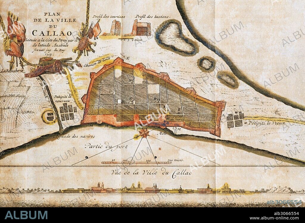 AMERICA DEL SUR. PERU. SIGLO XVIII. PLANO DE LA VILLA FORTIFICADA DE EL CALLAO. Situada en la costa del Perú. Puerto de Lima capital, por su proximidad. Dibujo realizado por Luís Amadeo Frezier (1682-1773), militar e ingeniero francés. Grabado francés editado en París en el año 1716. Biblioteca de Cataluña. Barcelona.