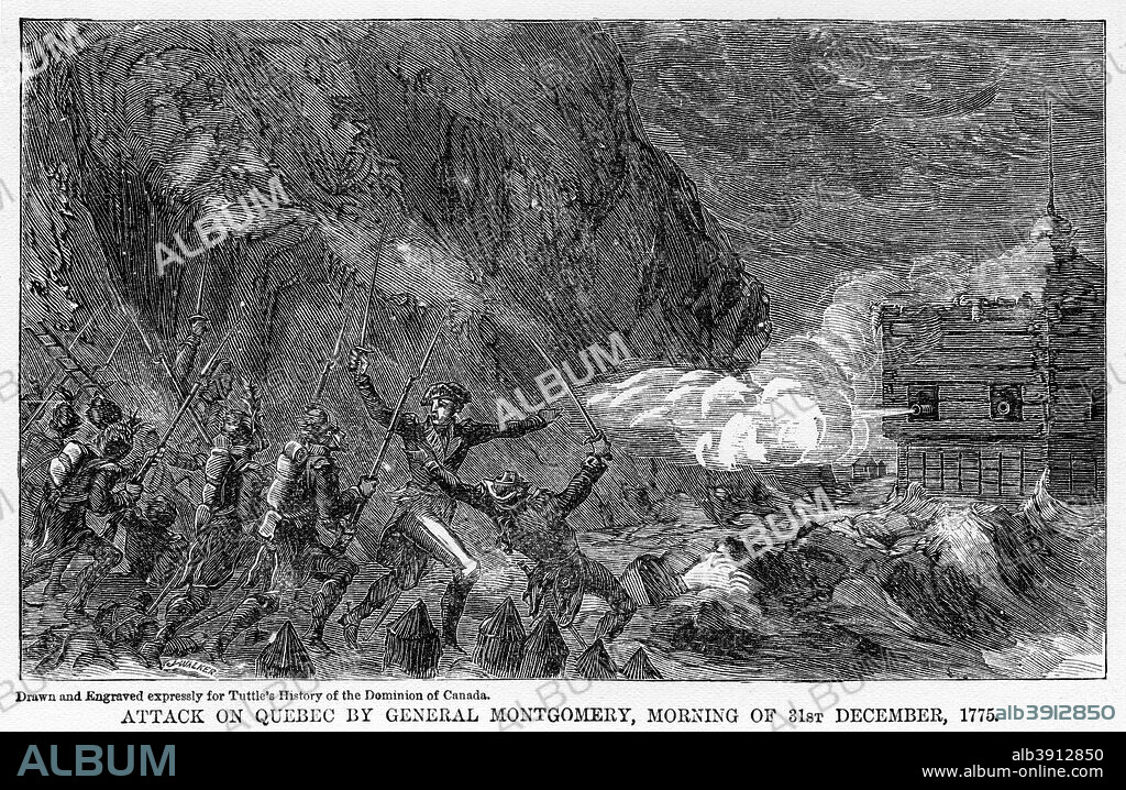 'Attack on Quebec by General Montgomery, Morning of 31st December, 1755', (1877). Irish soldier Richard Montgomery was killed while attempting to capture Quebec during a fierce snow storm on 31 December 1775. He had started his military career fighting for the British but later changed sides. Illustration from Popular history of the Dominion of Canada, with art illustrations, from the earliest settlement of the British-American colonies to the present time; together with portrait engravings and biographical sketches of the most distinguished men of the nation by Charles R Tuttle, (1877-1879).