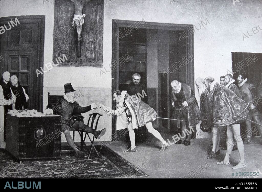 King Philip II (Felipe II) of Spain, receives ambassadors from Flanders, prior to his invasion of the Netherlands (Eighty Years' War or Dutch War of Independence 1568-1648).