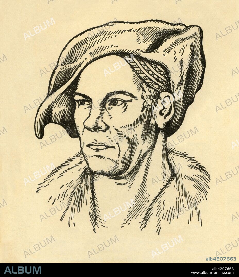 'Jacob Fugger', (1933). Portrait of Jakob Fugger (1459-1525), German businessman, mining entrepreneur and banker. From "Gestalten Der Weltgeschichte", a book of cigarette-card portrait miniatures of figures in world history from the last four hundred years. [Germany, 1933].