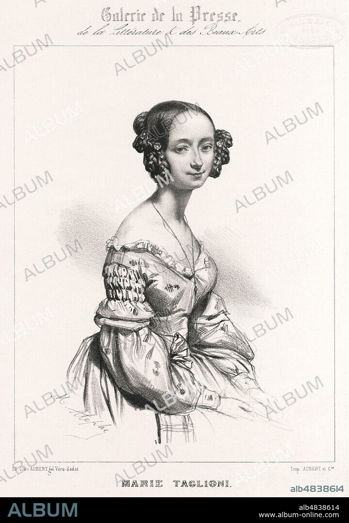 Marie TAGLIONI (1804-1884). Illustration de 1839 par Marie Alexandre ALLOPHE (1812-1883) pour Galerie de la Presse. Credit : Collection Jonas/Kharbine-Tapabor.