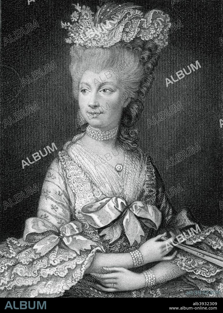 Queen Charlotte, queen consort of George III, (19th century). Portrait of Charlotte (1744-1818), who was the wife of George III of the United Kingdom (1738-1820). She was the grandmother of Queen Victoria, and the great-great-great-great grandmother of Queen Elizabeth II.