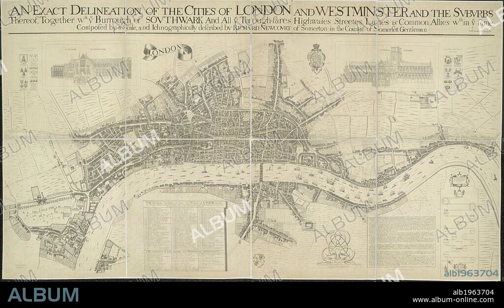 RICHARD NEWCOURT. A map of the Cities of London and Westminster.  It depicts London as it stood during the last two years of the Commonwealth, before the Great Fire. Dense clusters of houses appear very close together, separated only by narrow streets - an indication of the city's vulnerability to fire. An exact delineation of the Cities of London and Westminster and the suburbs thereof, together wth. ye Burrough of Southwark. 1857. This is a copy of the 1658 Faithorne map made in 1857.   . Source: Maps.Crace.I.35.