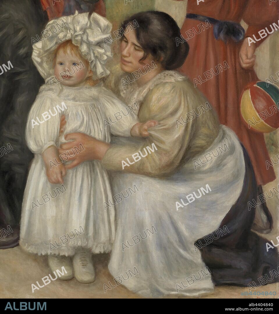 Pierre-Auguste Renoir: The Artist's Family (La Famille de l'artiste), Pierre-Auguste Renoir, 1896, Oil on canvas, Renoir presents his family in the garden of the Château des Brouillards, their residence in Montmartre, Paris. At center is Renoir's wife, Aline Charigot Renoir, wearing a colorful hat and blouse. To the left is Renoir's oldest son, Pierre, wearing a sailor suit and holding his mother's arm. Jean Renoir, the artist's second son, toddles in the foreground, dressed in a white frock and bonnet; he is gently supported by Gabrielle Renard, the family's maid and one of Renoir's favorite models. The girl is probably a neighbor or family friend. Renoir kept this painting his whole life., Overall: 68 1/8 x 54 in. (173 x 137.2 cm).