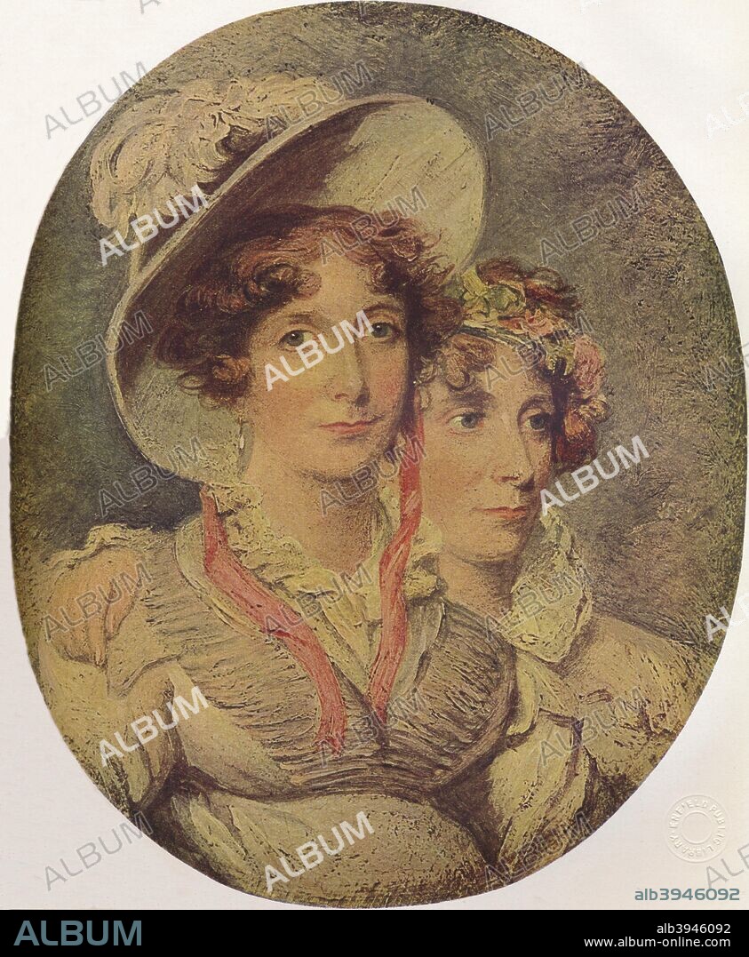 Princess Amelia of Brunswick and Her Daughter Princess Charlotte, 1919. Caroline Amelia Elizabeth of Brunswick-Wolfenbüttel (1768-1821), best known as Caroline of Brunswick, was Queen of the United Kingdom as the wife of King George IV (1762-1830). Pictured here with her daughter Princess Charlotte Augusta of Wales (1796-1817). From The Connoisseur Volume LV  [Otto Limited, London, 1919].