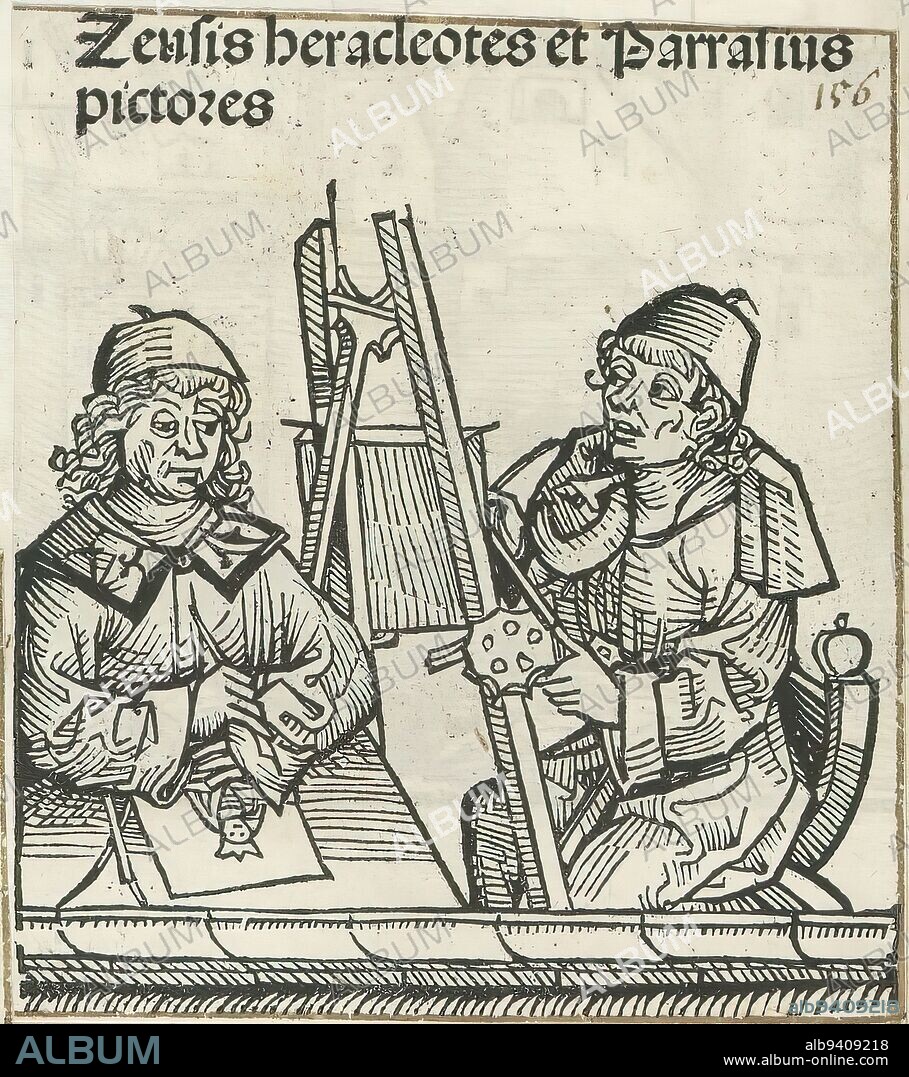 Zeuxis and Parrhasius, Zeusis heracleotes et Parrasius pictores (title on object), Liber Chronicarum (series title), The Greek artist Zeuxis sits at a table with his arms folded. In front of him is an image. On the right, Parrhasius sits behind his easel. The print is part of an album., print maker: Michel Wolgemut, (workshop of), print maker: Wilhelm Pleydenwurff, (workshop of), Neurenberg, 1493, paper, letterpress printing, height 91 mm × width 81 mm.