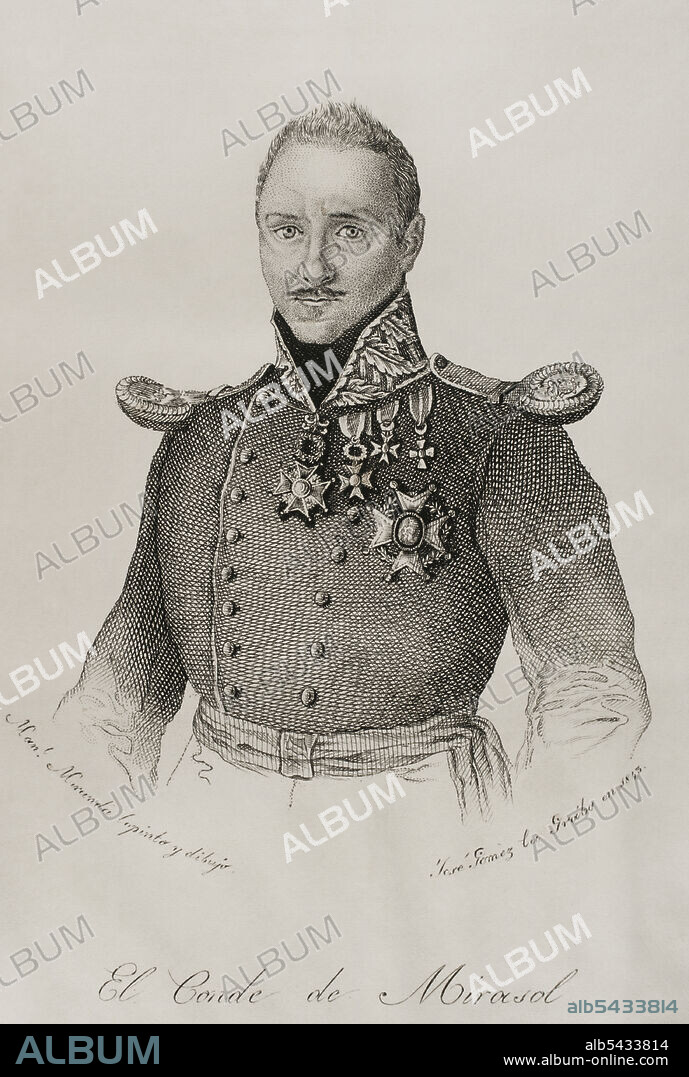JOSé GóMEZ. 19TH CENTURY-SPANISH ENGRAVER.. Rafael Arístegui y Vélez (1794-1863). II conde de Mirasol. Teniente general español. Ministro de la Guerra y de Marina, caballero Laureado de San Fernando. Capitán general de Puerto Rico (1843-1847) y senador del reino en 1845. Retrato. Grabado por José Gómez. Panorama Español, Crónica Contemporánea. Tomo III. Madrid, 1845.