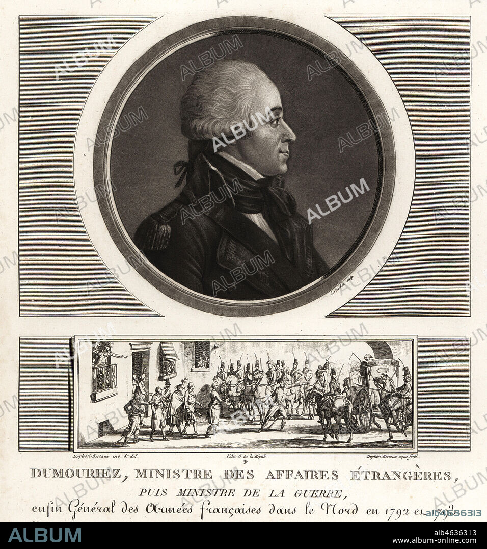 Charles-Francois du Perier Dumouriez, French general during the French Revolutionary Wars, 1739-1823. Mezzotint drawn and engraved by Jean Duplessis-Bertaux from his Collection Complete de 60 Portraits des Personnages qui ont le plus Figure dans la Revolution Francaise, Auber, Pairs, 1800. Portrait engraved by Charles Francois Gabriel Levachez. Vignette shows Dumouriez arresting the four commissioners of the Convention Nationale sent to investigate him.