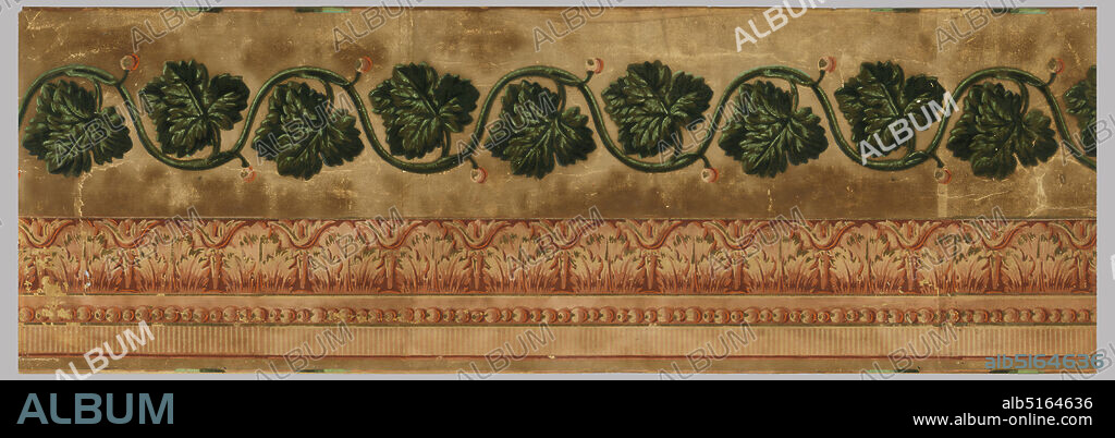 Frieze, Block printed and flocked paper, Acanthus and bead moldings at top. Below, a serpentine band of grape leaves in green flock., England, ca. 1830, Wallcoverings, Frieze.