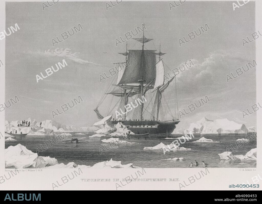 CHARLES WILKES and C. WILKES. Vincennes in Disappointment Bay. Narrative of the United States Exploring Expeditio. 1844. The ship, Vincennes, in the Antarctic.  Image taken from Narrative of the United States Exploring Expedition 1838-1842.  Originally published/produced in 1844. . Source: 10001.d volume 2, opposite 328. Language: English.
