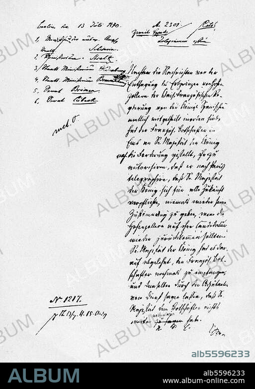 Guerre franco-allemande, 1870-71. Depêche d'Ems. Télégramme de Bismarck du 13.07.1870 sur la rencontre entre l'ambassadeur de France Benedetti et Guillaume Ier de Prusse qui, par sa formulation raccourcie, va entraîner la France à déclarer la guerre. Manuscrit de la version publique raccourcie publiée le 14 juillet.