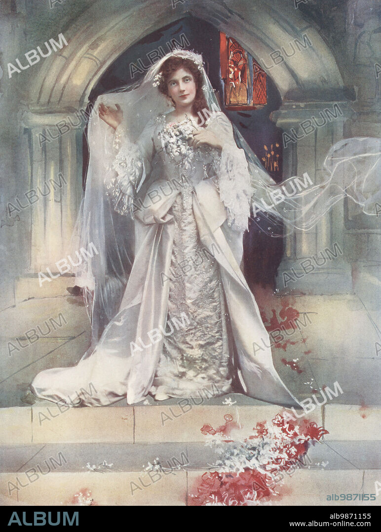 Miss Lena Ashwell as Lady Jean in Bonnie Dundee, a play by Laurence Irving at the Adelphi, 1900. In wedding dress before a church arch. Lena Margaret Ashell, Lady Simson, British actress and theatre manager, 1872-1957. Photograph by Alfred Ellis and Walery (Stanislaw Julian Ignacy). Colour printing of a hand-coloured illustration based on a monochrome photograph from George Newness Players of the Day, London, 1905.