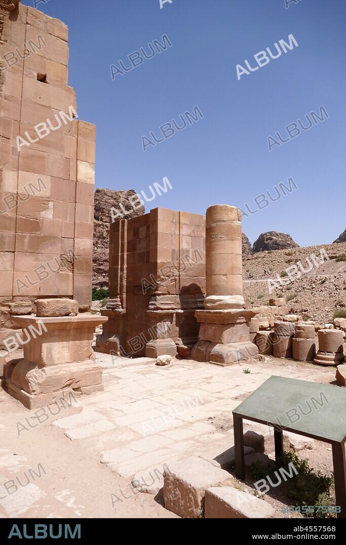 The Great Temple at Petra, Jordan, is a grand monumental complex that lies south of the Colonnaded Street at Petra. The complex was probably completed in the early first century CE, under the rule of Nabatean king Aretas IV, as suggested by architectural and sculptural details..