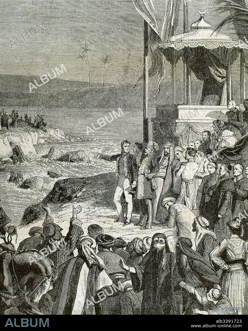 Historia de Egipto. Inauguración de la entrada de las aguas del Mediterráneo en el Canal de Suez, construido por Ferdinand de Lesseps (1805-1894), inaugurado en1869. Grabado del año 1869, obra de Desandre.