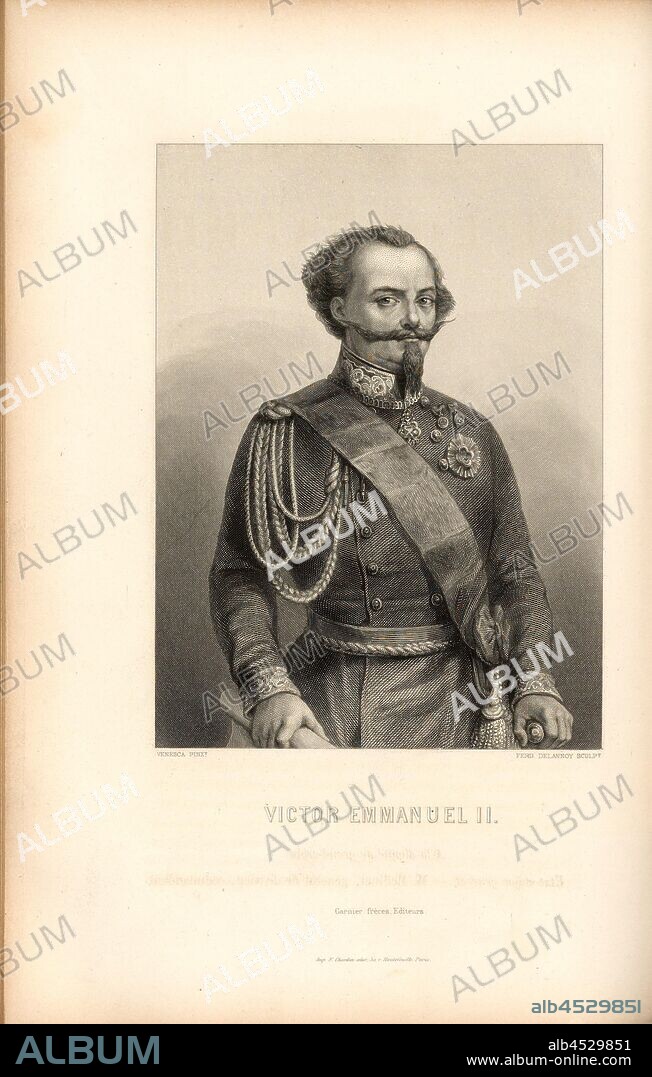 Victor Emmanuel II., Vittorio Emanuele II, King of Sardinia-Piedmont, signed: Venesca (pinxt.); Ferd., Delannoy (sculp.); Garnier frères (editeurs), Fig. 14, Part 1, after p. 312, Venesca (pinx.);, Delannoy, Ferdinand (sc.), Garnier frères (editeurs), Amédée de Cesena: Campagne de Piémont et de Lombardie en 1859. Paris: Garnier frères, 1860.