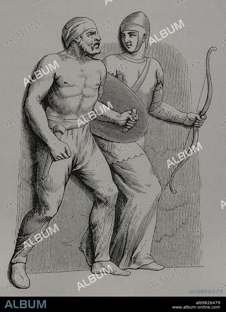 Germanic and Gaul auxiliaries. The Gaul wearing the trouser-like garment called "braccae", and the Germanic in a tunic. Engraving. "Vie Militaire et Religieuse au Moyen Age et à l'Epoque de la Renaissance". Paris, 1877.