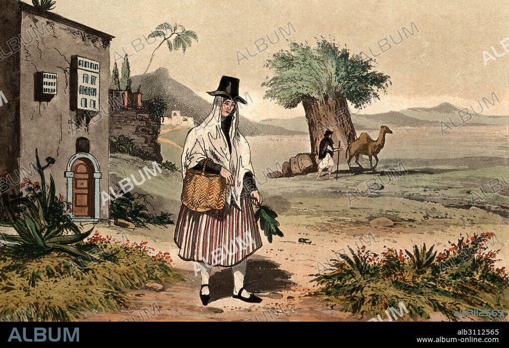 Etnografia. España. Islas Canarias. Mujer tinerfeña ataviada con el vestido tradicional recogiendo hierbas aromáticas. Grabado coloreado de 1880.
