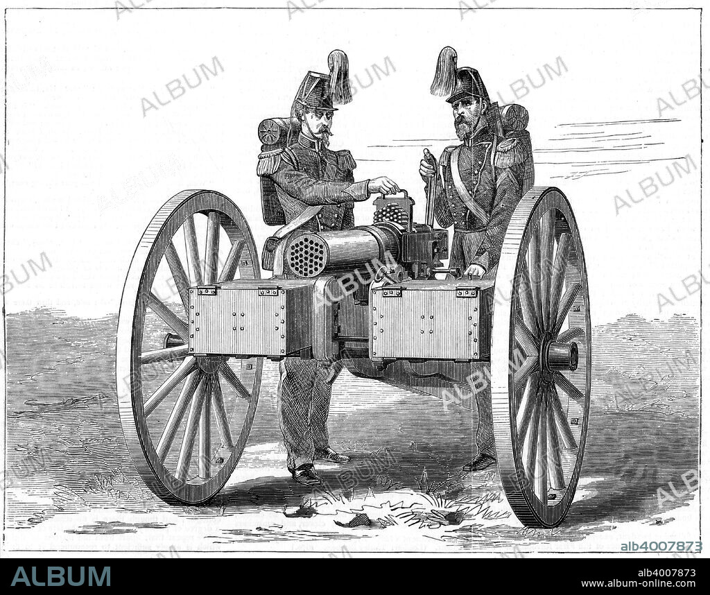 Montigny mitrailleuse, 1870. Introduced by the French during the Franco-Prussian War, this rapid-fire gun had 37 barrels. Operated by 5 men, it could deliver 482 rounds per minute. From The Graphic, London, 1870.