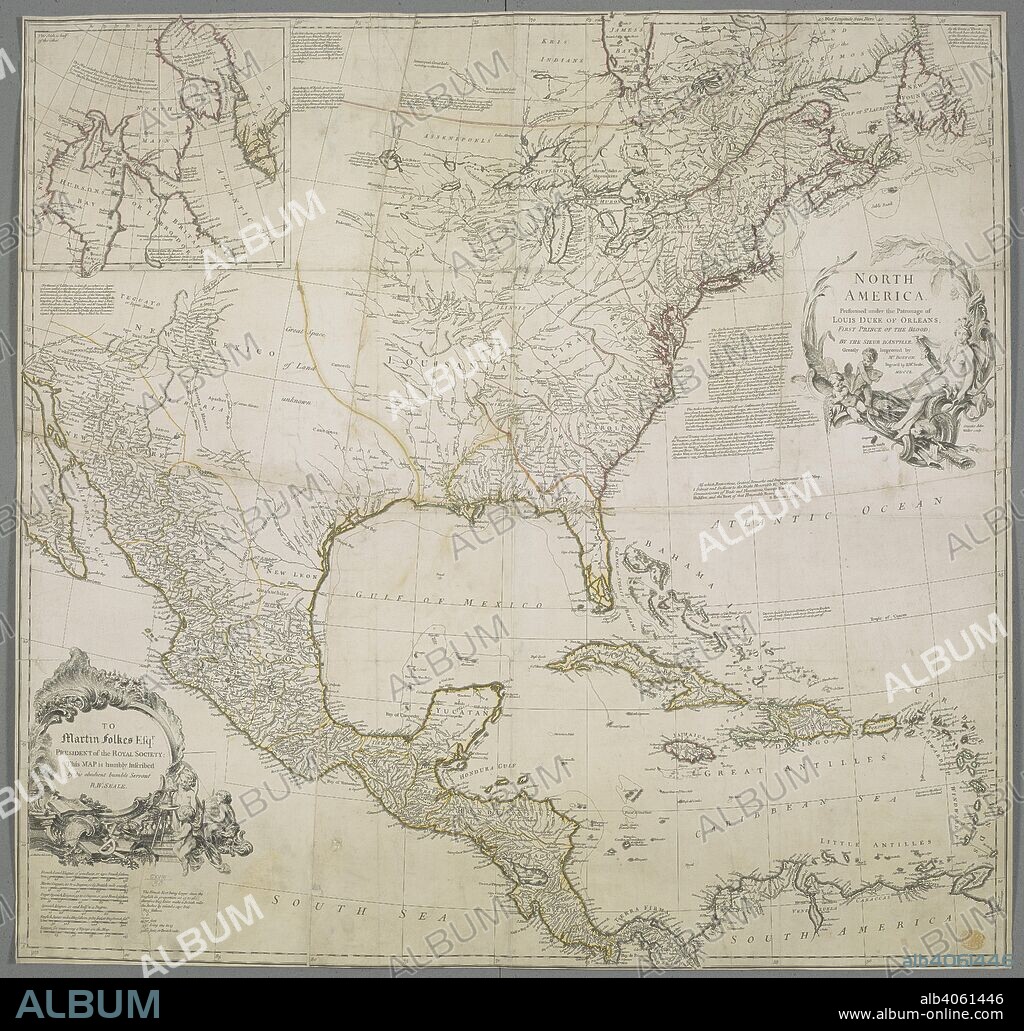 A map of North America. A map of Hudson Bay and Baffin's Bay inset at upper left. NORTH AMERICA. : Performed under the Patronage of LOUIS DUKE OF ORLEANS, FIRST PRINCE OF THE BLOOD. [London] : BY THE SIEUR D'ANVILLE. Greatly Improved by M.r BOLTON. Ingrav'd by R. W. Seale, MDCCL. Source: Maps K.Top.118.30. Language: English.