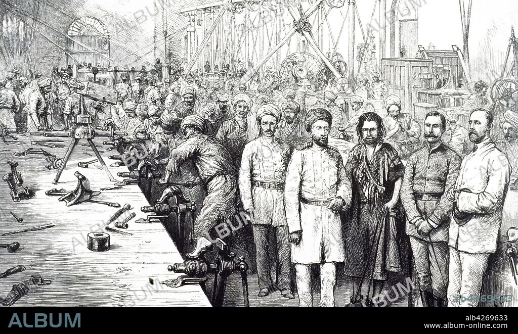 An engraving depicting Abdur Rahman Khan, Emir of Afghanistan, together with his British advisors visiting the arsenal in Kabul. Dated 19th century.