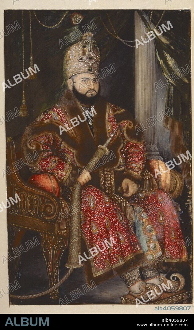 GHULAM 'ALI KHAN. Prince Mirza Muhammad Salim, the Emperor's second son. The prince is seated holding a hookah snake in his right hand. He wears a fur-trimmed padded pillar and draped curtains behind him. Amherst collection. 1827. Water-colour on ivory. Delhi style. Source: Add.Or.2539.