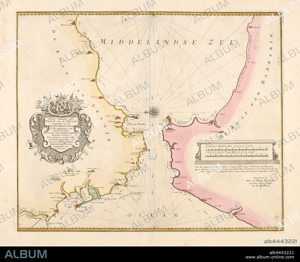 Nautical map of the Strait of Gibraltar New Passport from the Strait of Strait (title on object), Nautical map of the Strait of Gibraltar with the coasts of Spain and the coast of Barbarie (Morocco). In the Mediterranean a compass rose, the north is on the left. On the left a cartouche with title and the assignment to F. van Aerssen van Sommelsdyk, vice-admiral of Holland and West-Friesland. The cartouche with a crowned coat of arms. Right two scales with Dutch and English or French miles, navy charts, Strait of Gibraltar, Spain, Morocco, François van, lord of Sommelsdijk Aerssen, Hendrik Lynslager (mentioned on object), Amsterdam, 1726 - 1727, paper, engraving, h 460 mm × w 557 mm.
