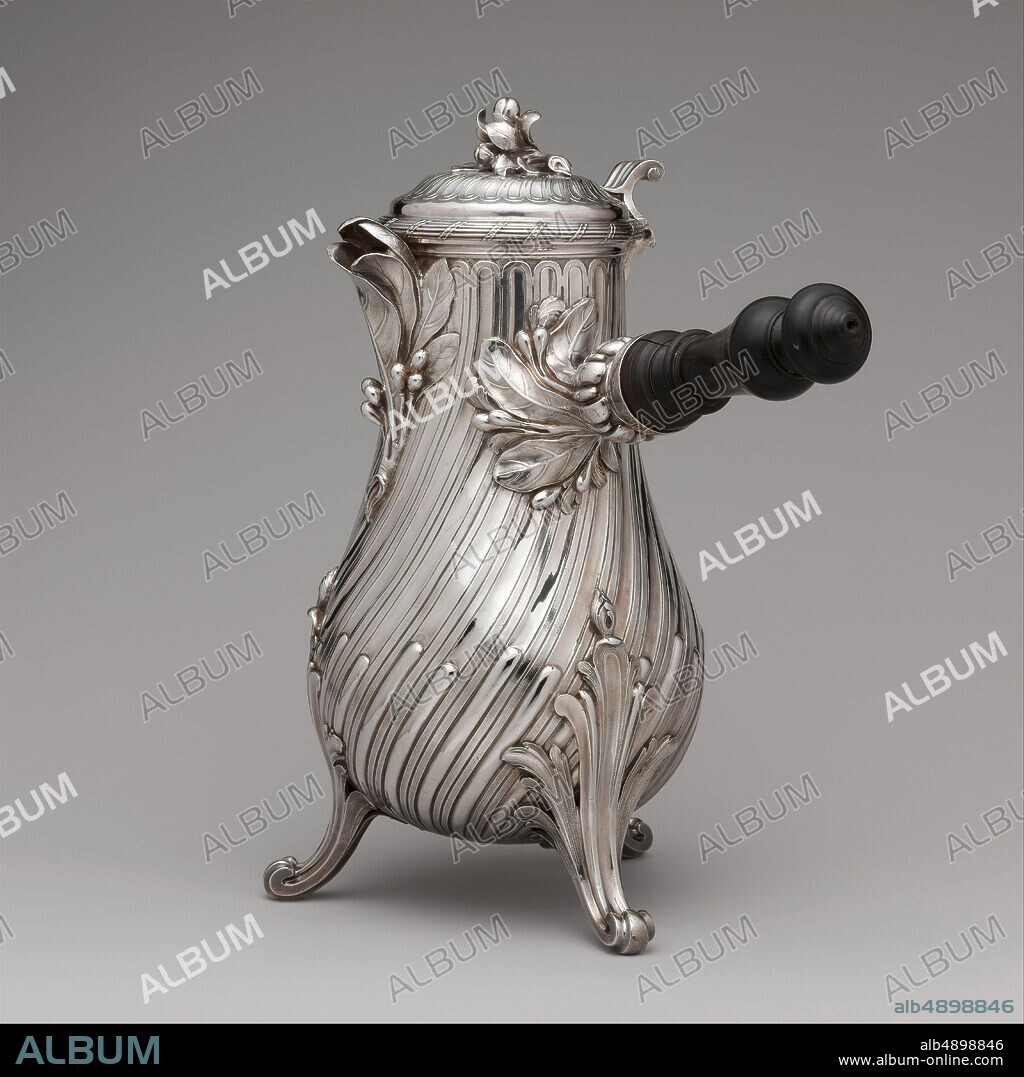 François Thomas Germain, Coffeepot, French, Paris, François Thomas Germain (French, Paris 17261791 Paris, master 1748), 1757, French, Paris, Silver with ebony handle, Overall (with handle): 11 5/8 × 12 in. (29.5 × 30.5 cm), Metalwork-Silver.