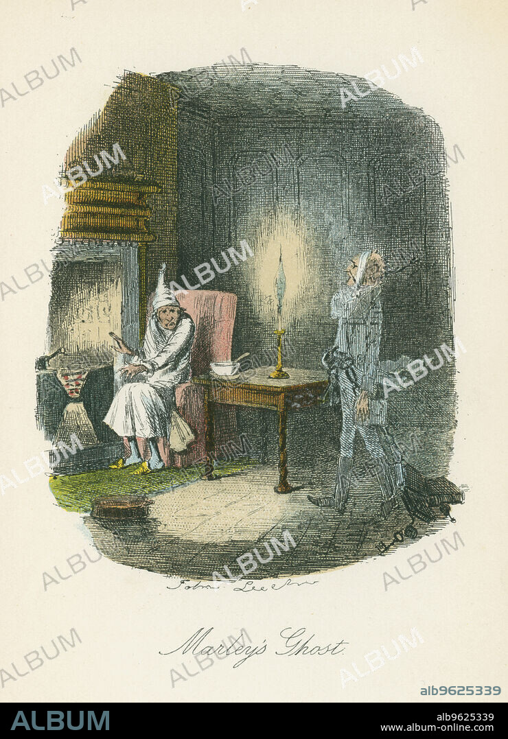JOHN LEECH. Scene from A Christmas Carol by Charles Dickens, 1843. The irascible, curmudgeonly Ebenezer Scrooge, sitting alone on Christmas Eve, is visited by the ghost of Marley, his late business partner. The same night he is visited by three more apparitions, the ghosts of Christmas Past, Christmas Present and Christmas Future, whose revelations cause him to wake on Christmas Day a changed man. He sends a turkey to Bob Cratchit his clerk, thoroughly enjoys the festivities and becomes a kindly, jolly old man. From A Christmas Carol by Charles Dickens. (London, 1843). This was the first in the series of five Christmas books Dickens published.