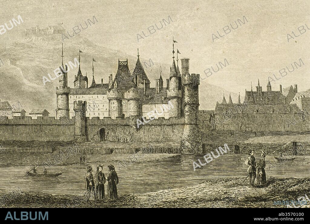 París, Francia. Palacio del Louvre. Escena durante el reinado (1364-1380) del rey Carlos V "el Sabio" (1338-1380). Dibujo por Gaucherel. Grabado, 1841. "Panorama Universal-Francia".