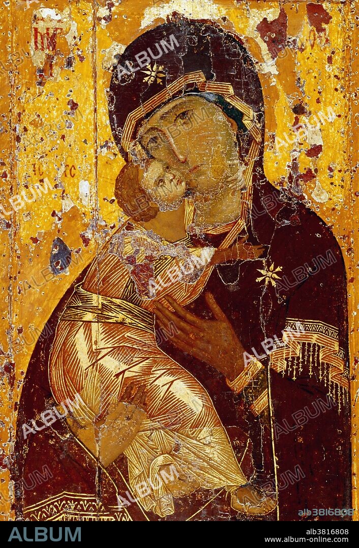 Theotokos of Vladimir, a famous Byzantine icon, painted in egg tempera on wood in the 12th century. It is displayed in Moscow's Tretyakov Gallery. The Theoktos, also known as the Virgin of Vladimir, Our Lady of Vladimir, or the Vladimir Madonna, is considered the most important icon of the Comnenian period, since, with its less rigid, more human style, it represents a turning point in the history of painting.