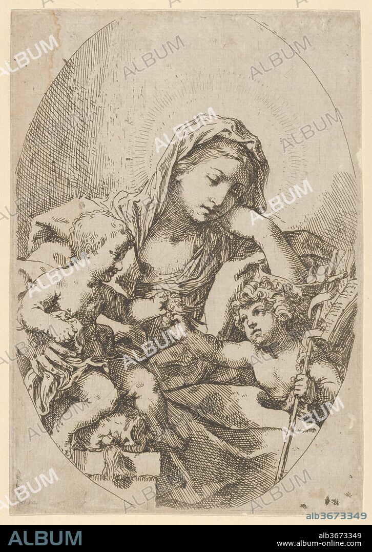 The Virgin with the Christ Child and the young Saint John the Baptist holding a bird at right, an oval composition, after Reni. Artist: After Guido Reni (Italian, Bologna 1575-1642 Bologna); Attributed to Lorenzo Loli (Italian, Bologna ca. 1612-1691 Bologna). Dimensions: Sheet (Trimmed): 7 11/16 × 5 7/16 in. (19.6 × 13.8 cm). Date: ca. 1630-80.