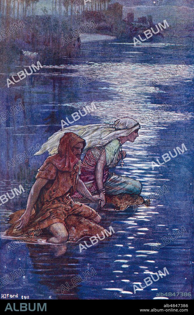 Malchus and his wife crossing the river on inflated water skins to escape their master. Saint Malchus of Syria, aka Malchus of Chalcis, or Malchus of Maronia, died c. 390.  Malchus was a monk who was sold into slavery and forced to marry another slave. Wh.