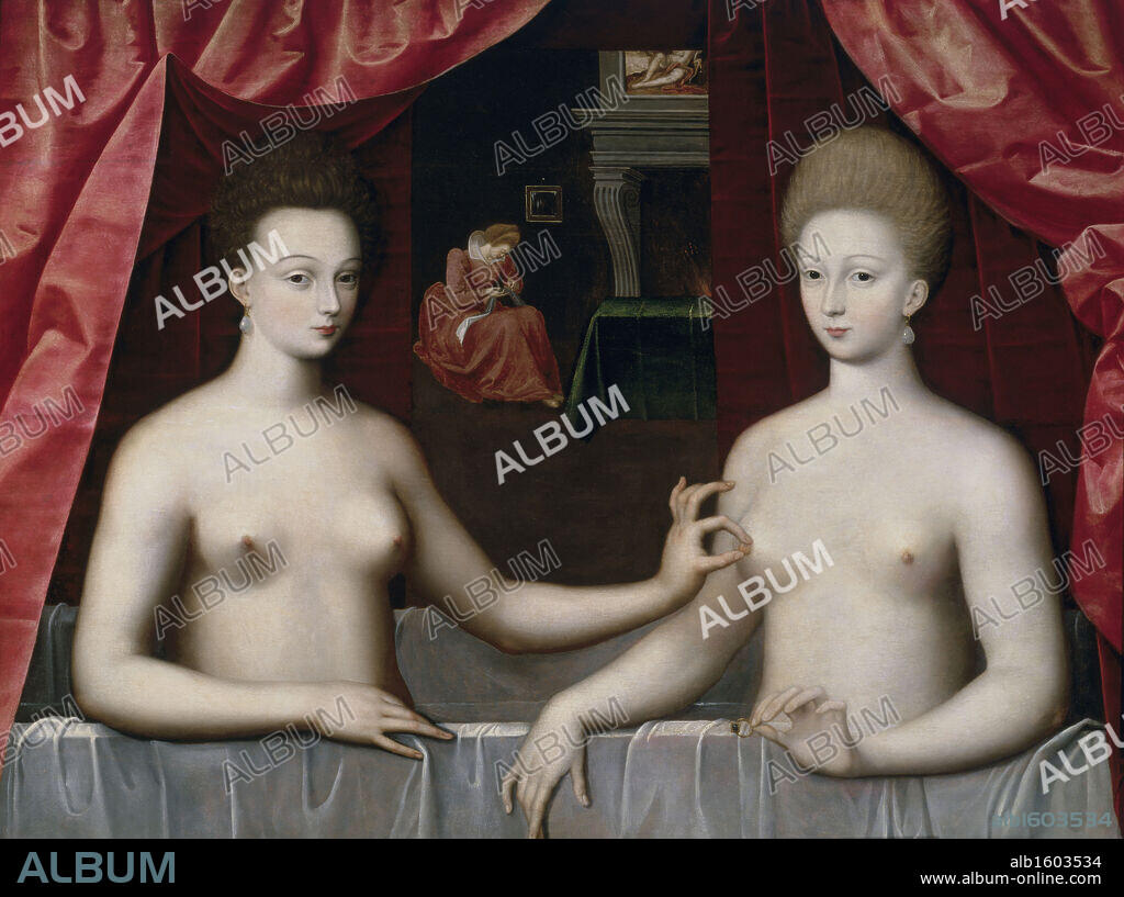 Gabrielle d'Estrees and One of Her Sisters   1590  Oil on wood   School of Fontainebleau   Musee du Louvre, Paris.