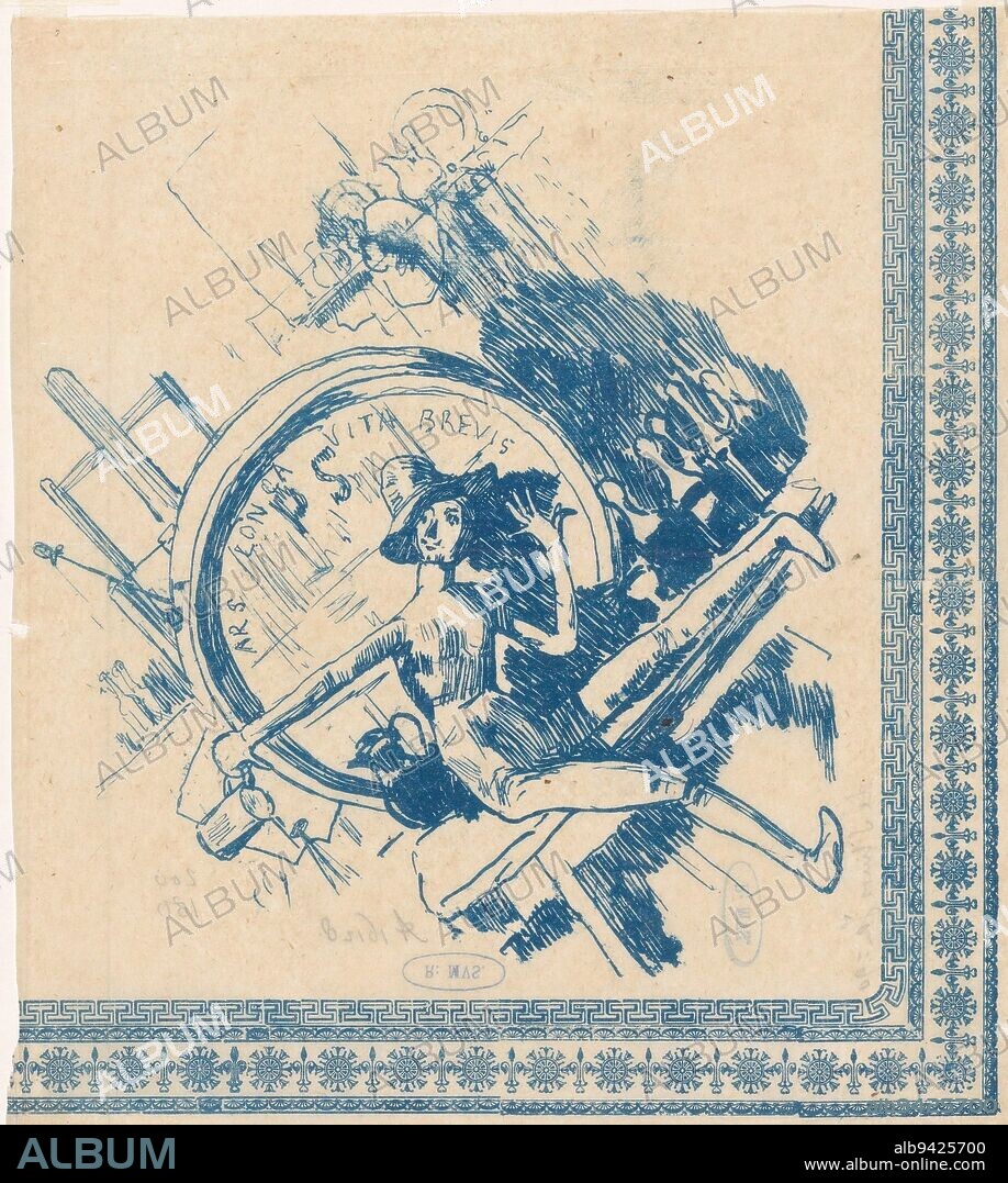 A member doll placed on a bench holds a beer glass in his right hand. Behind the manikin is a barrel bearing the text, 'Ars longa, vita brevis', Ars longa, vita brevis (original title on object), print maker: Pieter de Josselin de Jong, 1871 - 1890, transparant paper, etching, h 205 mm × w 185 mm.