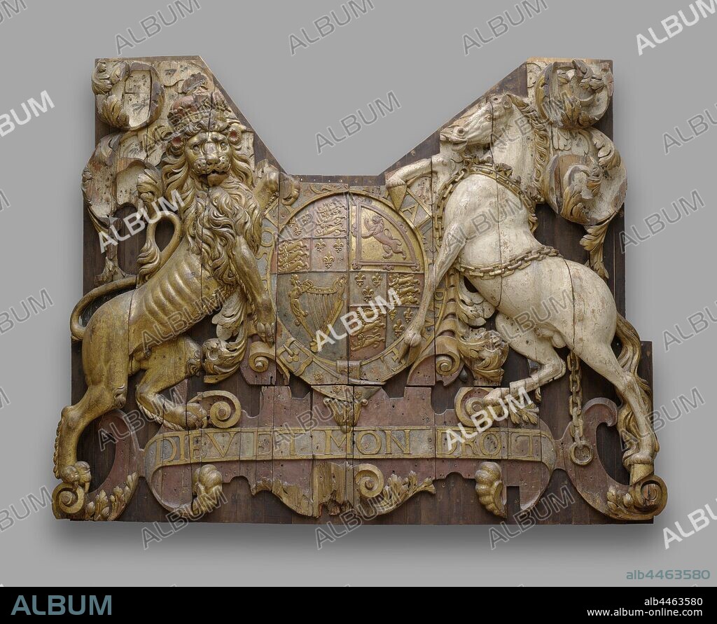 Stern carving from the Royal Charles Stern carving from the Royal Charles Stern carving from the Royal Charles Stern Decoration of the Royal Charles, Polychromed, sculpted mirror decoration, depicting the English royal coat of arms of the Stuart house, worn by a crowned lion on port and a chained unicorn on starboard, knighthood order, beasts of prey, predatory animals: lion, unicorn, Raid on the Medway, Chatham, Hellevoetsluis, Michiel Adriaansz. de Ruyter, Cornelis de Witt, Charles II (King of England), Order of the Garter, Royal Charles (ship), anonymous, England, c. 1663 - c. 1664, wood (plant material), h 277 cm × w 378 cm × d 120 cm × w 600 kg.