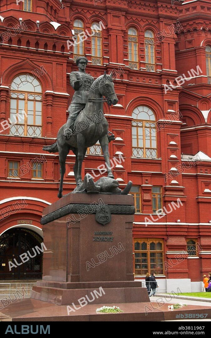 Statue of Marshal Zhukov on Manege Square, by Vyacheslav Klykov (1995), Moscow, Russia. Marshal Georgy Konstantinovich Zhukov was a Soviet military commander who played an important role in leading the Red Army to defeat Germany in World War II.