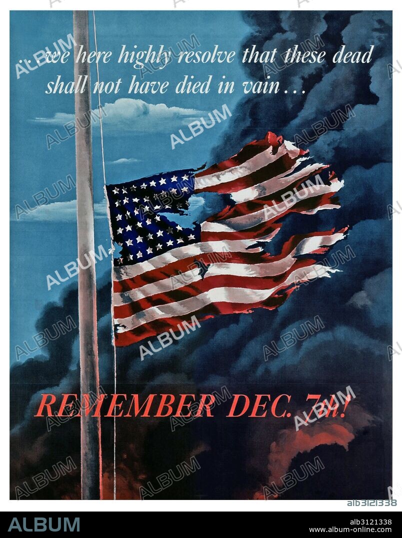 Patriotic propaganda poster in response to the Japanese attack on Pearl Harbour, World War two 1941.