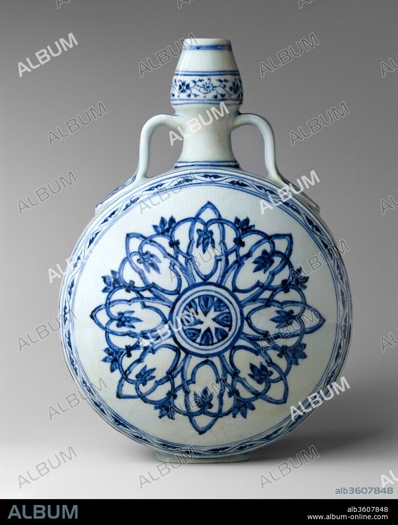 Flask with Medallion. Culture: China. Dimensions: H. 12 1/4 in. (31.1 cm). Date: early 15th century.
Both the shape of the flask and the stylized medallion painted on the front and back derive from Islamic traditions and reflect the strong ties between China and West Asian centers in the early fifteenth century.