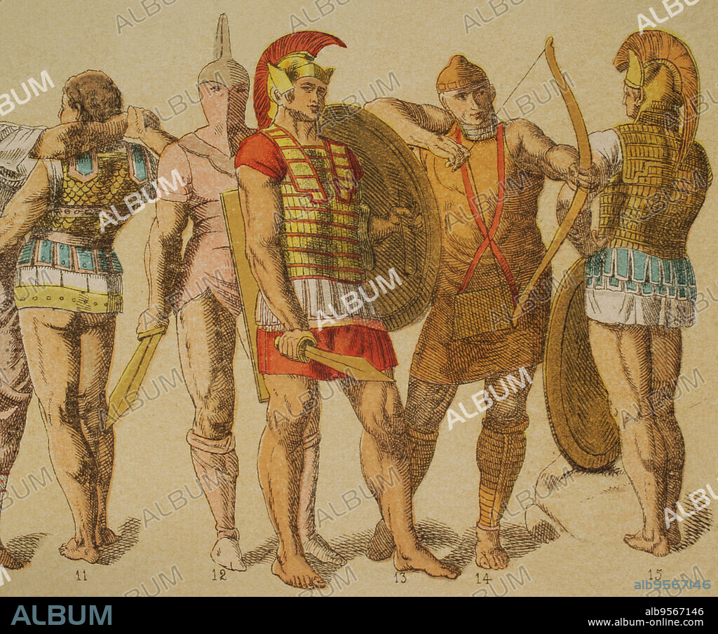 Etruscos. De izquierda a derecha: 11,12 y 13- armadura etrusca, 14-traje de cuero con escudo de bronce, 15- armadura etrusca. Cromolitografía. Historia Universal, por César Cantú. Tomo II, 1881.