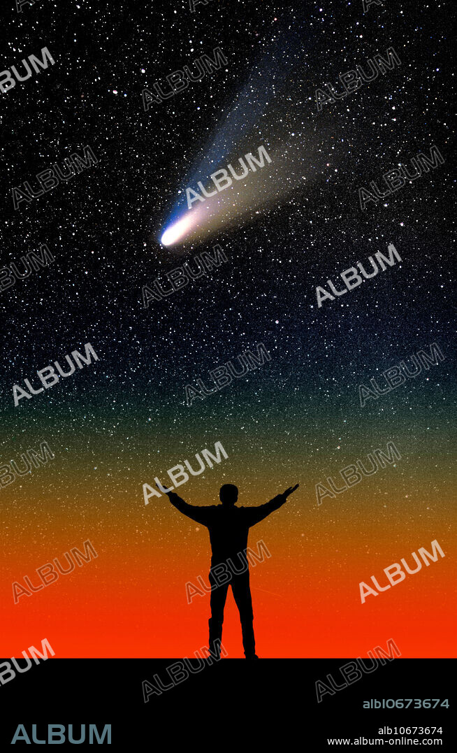 Comet Hale-Bopp was one of the brightest comets of the 20th century. Its gas or 'ion' tail (blue) consists of ionized glowing gas blown away from the comet head by the solar wind. The dust tail (white) consists of grains of dust pushed away from the comet head by the radiation of sunlight. Comets have a nucleus of ice and dust. As they approach the Sun their surface evaporates, releasing a tail millions of kilometers long. Composite photo.