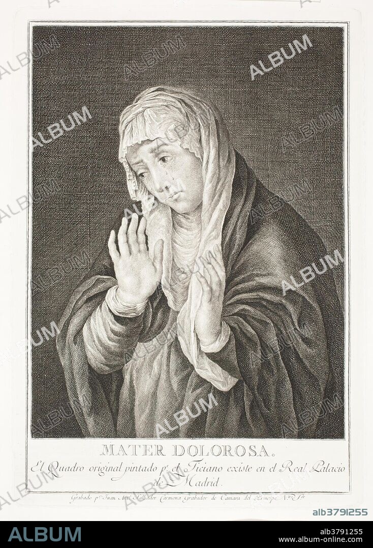 Juan Antonio Salvador Carmona (Grabador) (Autor de la obra original Tiziano, Vecellio di Gregorio); Calcografía Nacional (Estampador) / 'La Dolorosa con las manos abiertas'. 1778 - 1788. Aguafuerte, Buril sobre papel avitelado, 630 x 445 mm.