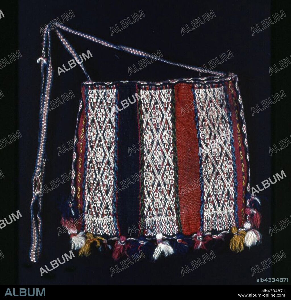 Coca Bag (Chuspa), 1850/1900, Aymara, Bolivia, Oruro, Ladislao Cabrera, Pampa Aullagas region, Bolivia, Wool, stripes of plain weave and two-color complementary warp weave, edge overcast and interlaced in crossed warp weave, strap: plain weave, wrapped tassels, 18.7 × 21.3 cm (7 3/8 × 8 3/8 in.).