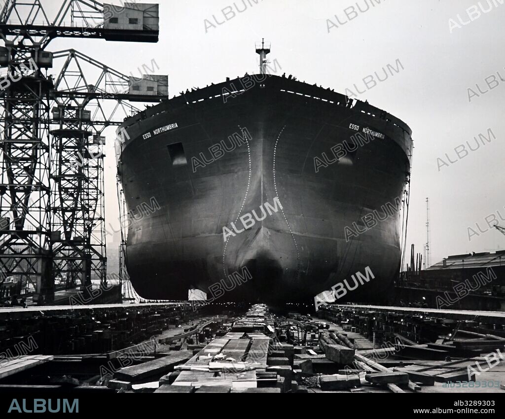 Photograph of the 'Esso Northumbria', the first of a series of Very Large Crude Carrier ships, built by Swan Hunter at Wallsend on Tyneside, in 1969. Dated 20th Century.