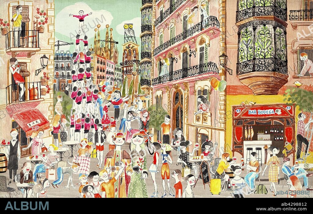Busy street scene at La Merce festival, Barcelona with crowd watching castellers building human pyramid.