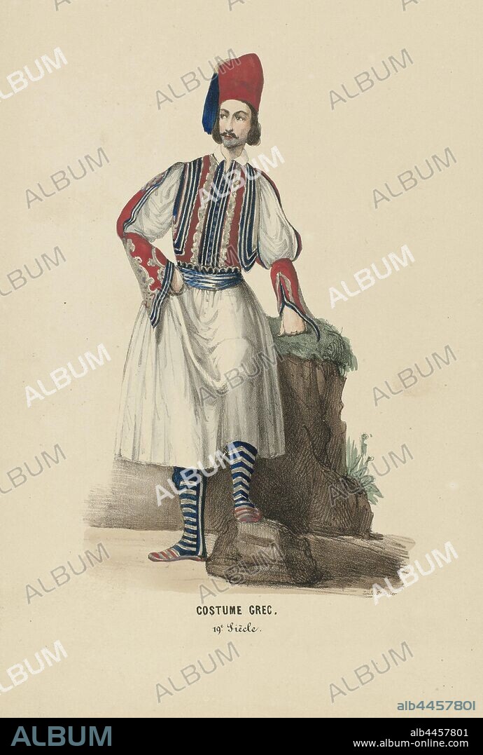 Costume Grec. 19th Siècle (title on object), Man in Greek dress, 19th century. Presentation added to the sheet metal work on the costumed ball held at the palace of the Prince of Orange (the later King William III) in The Hague on 26 February 1845, historical costume, Greece, Elias Spanier (mentioned on object), The Hague, 1840 - 1850, paper, h 268 mm × w 183 mm.