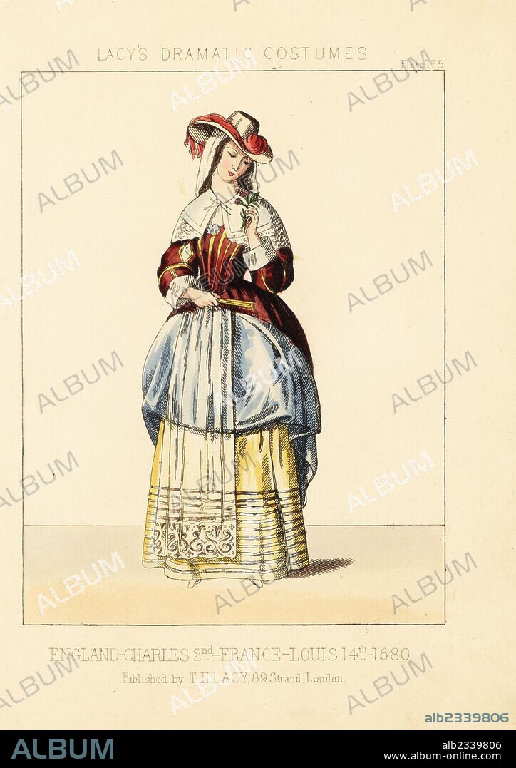 Costume of a lady, reign of King Charles II, England, 1680. She wears a hat over veil, lace collar, velvet robe with skirts tied up to reveal lace apron and petticoats. Handcoloured lithograph from Thomas Hailes Lacy's "Female Costumes Historical, National and Dramatic in 200 Plates," London, 1865. Lacy (1809-1873) was a British actor, playwright, theatrical manager and publisher.